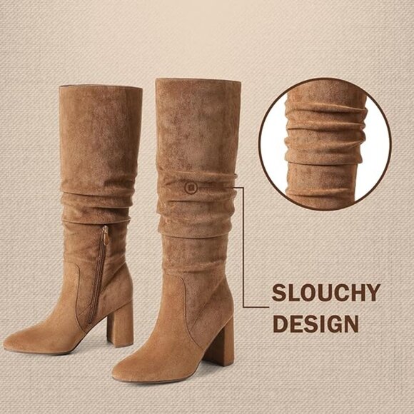 Knee High Boots Womens Wide Calf Suede Tall Booties Pointed Toe Slouchy-Brown - Picture 5 of 5